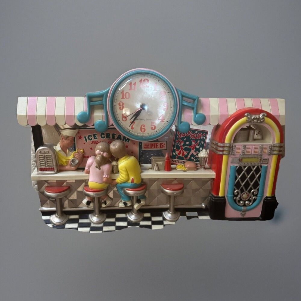 Vintage 1950s Soda Shop Diner Wall Clock Jukebox Ice Cream Parlor Decor Quartz